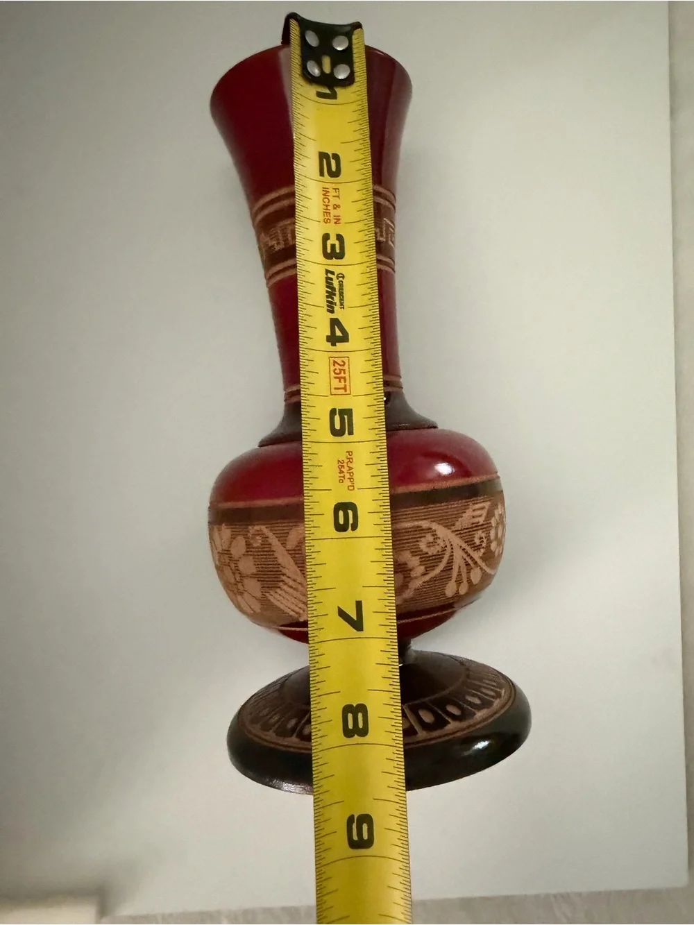 Mexican Vintage Red Hand Carved Wooden Decorative Floral Accent Vase